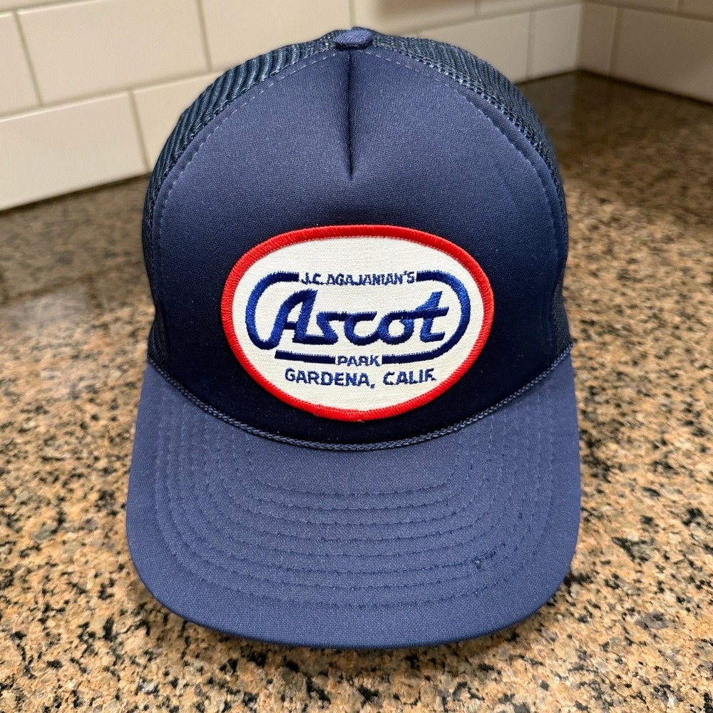 Vtg Ascot Park J.C. Agajanian Racetrack Trucker Hat Snapback Blue